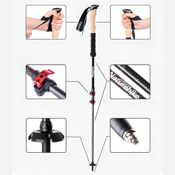 Bâtons de Randonnée Carbone Ultra Légers 135 cm – Télescopiques, Antichoc, Pointe Tungstène, Lot de 2 pour Trekking et Alpinisme