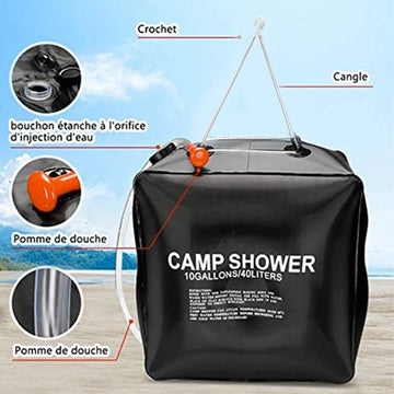 Sac de Douche Solaire 40L pour Camping – Douche Portable avec Pommeau, Chauffage Naturel, Grande Capacité