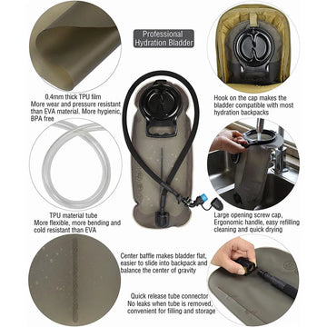 Sac Hydratation TPU 2,0L/2,5L Avec Tuyau Flexible Pour Randonnée et Vélo