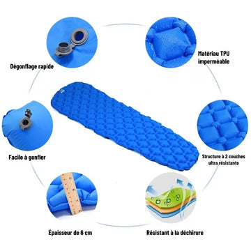 Matelas de Camping Ultra-Léger avec Sac de Gonflage – Imperméable, 190x58x5 cm, 460g, Format Compact 19x9 cm